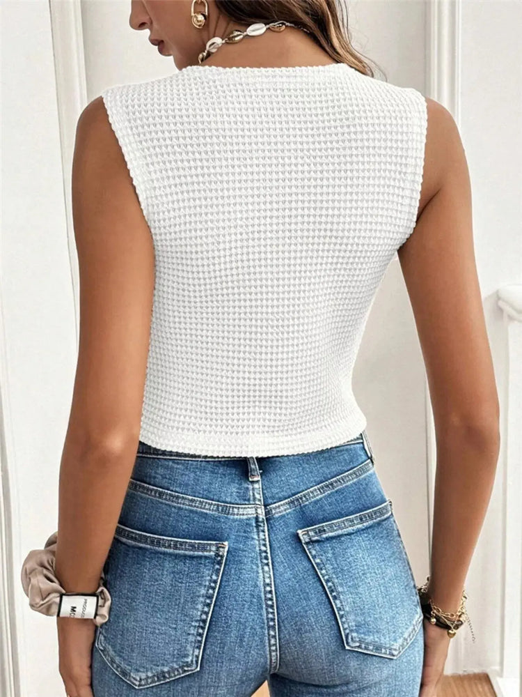Textured Button-Front Sleeveless Vest Top STYLE SOURCE