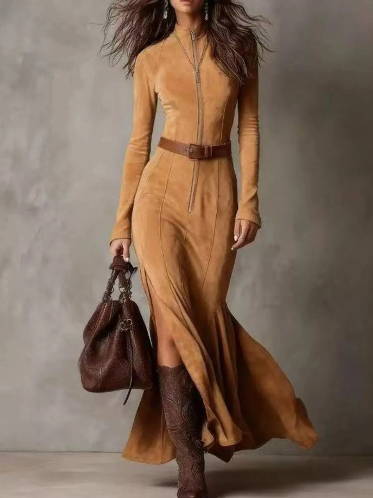 Full Size Slit Zipper Front Maxi Dress Plus Size STYLE SOURCE