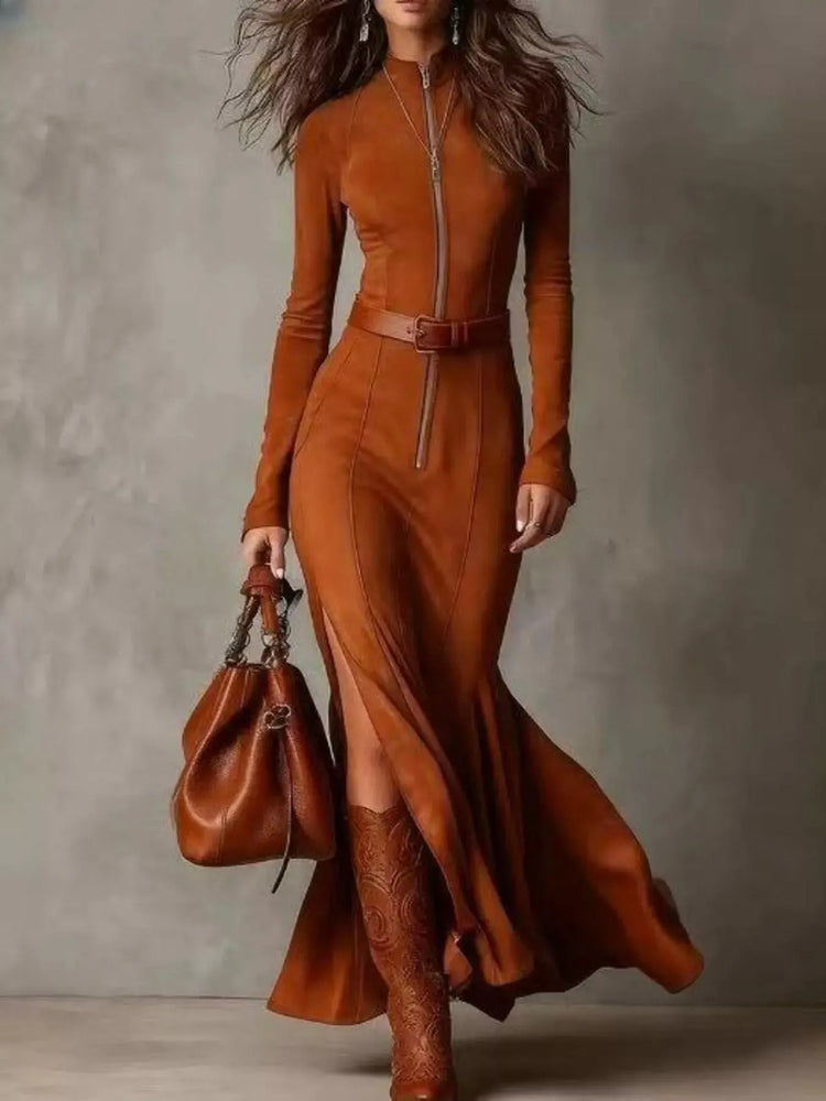 Full Size Slit Zipper Front Maxi Dress Plus Size STYLE SOURCE