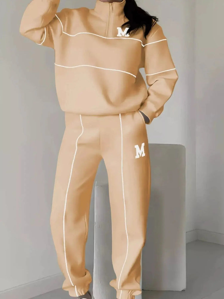 Full Size Striped Quarter Zip Top and Pants Set Plus Size STYLE SOURCE