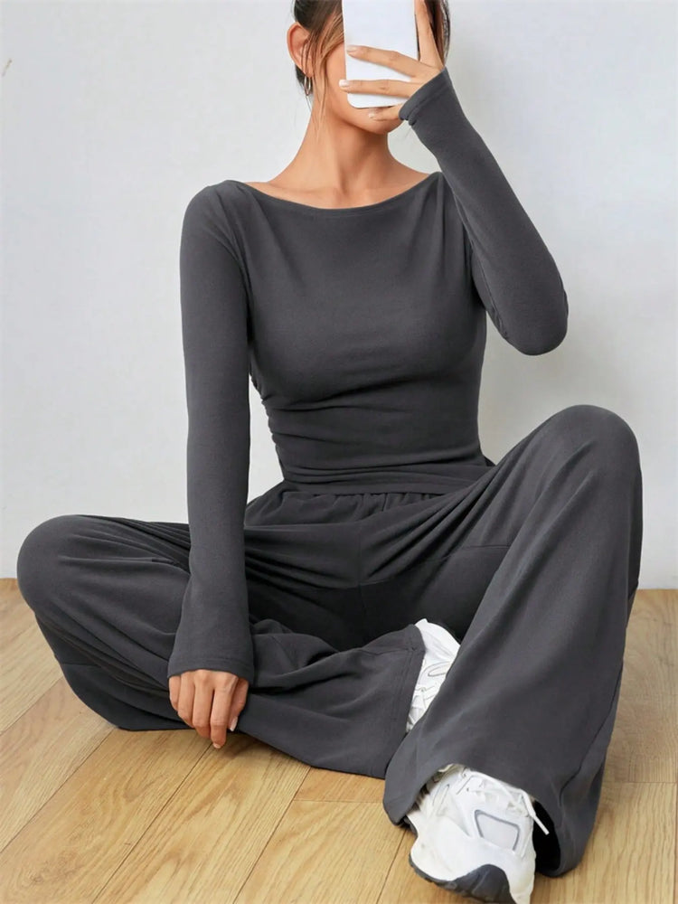 Casual Long Sleeve Top & Wide Leg Pants Set STYLE SOURCE