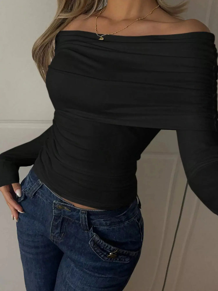 Off-Shoulder Ruched Long Sleeve T-Shirt STYLE SOURCE