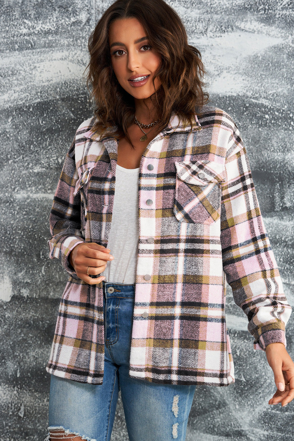 Plaid Button Front Shirt Jacket with Breast Pockets STYLE SOURCE