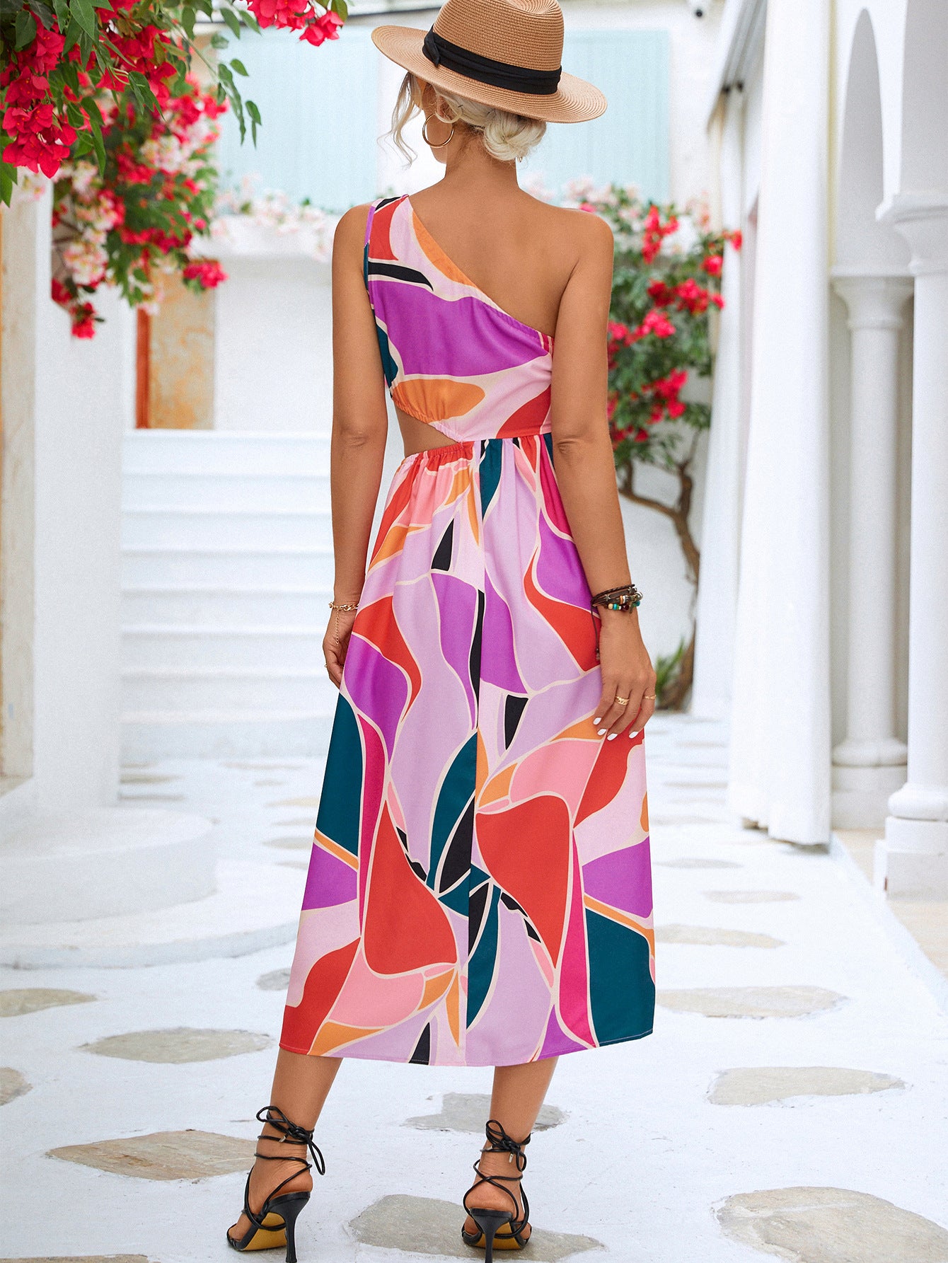 Printed Cutout One-Shoulder Sleeveless Dress STYLE SOURCE