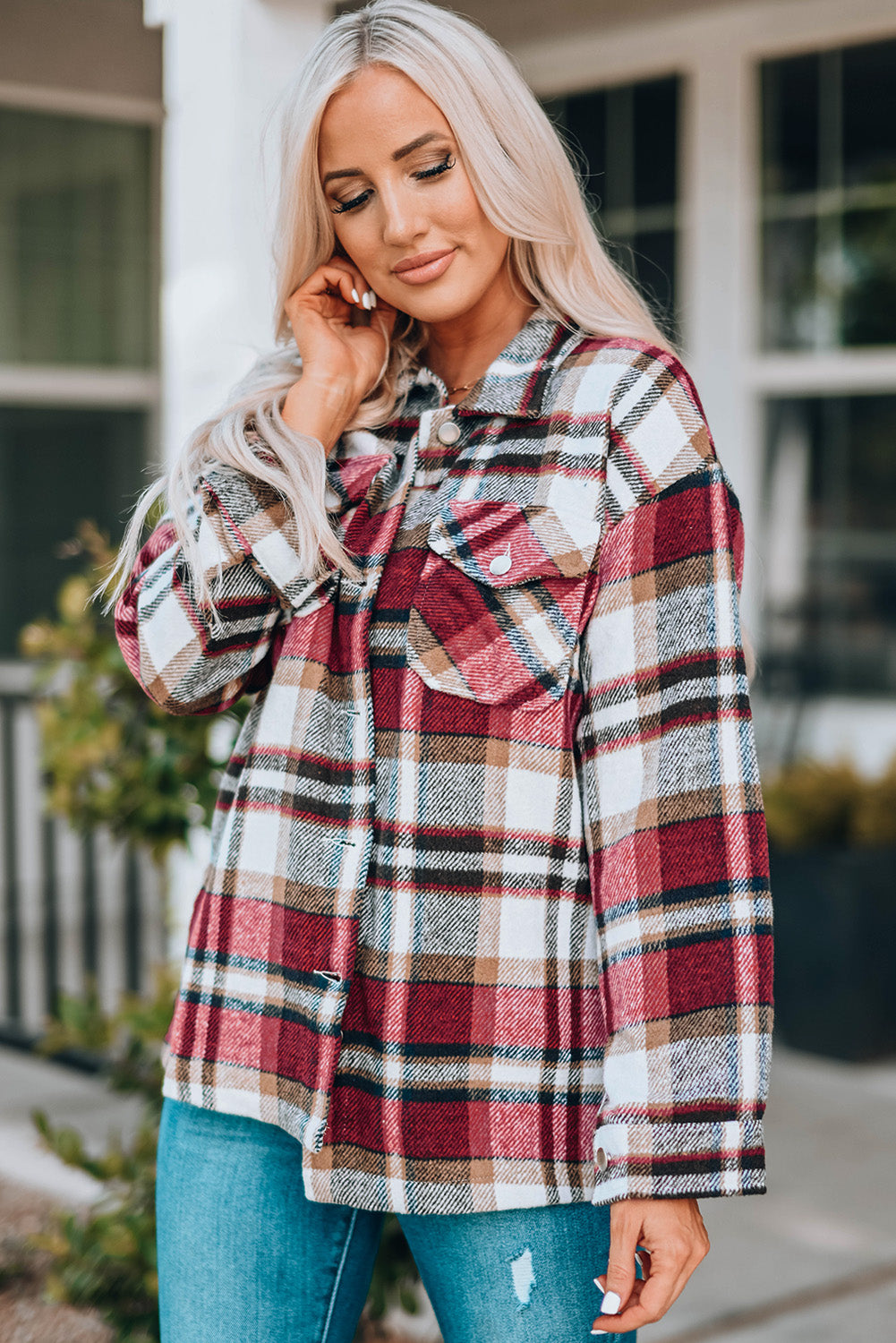 Plaid Button Front Shirt Jacket with Breast Pockets STYLE SOURCE
