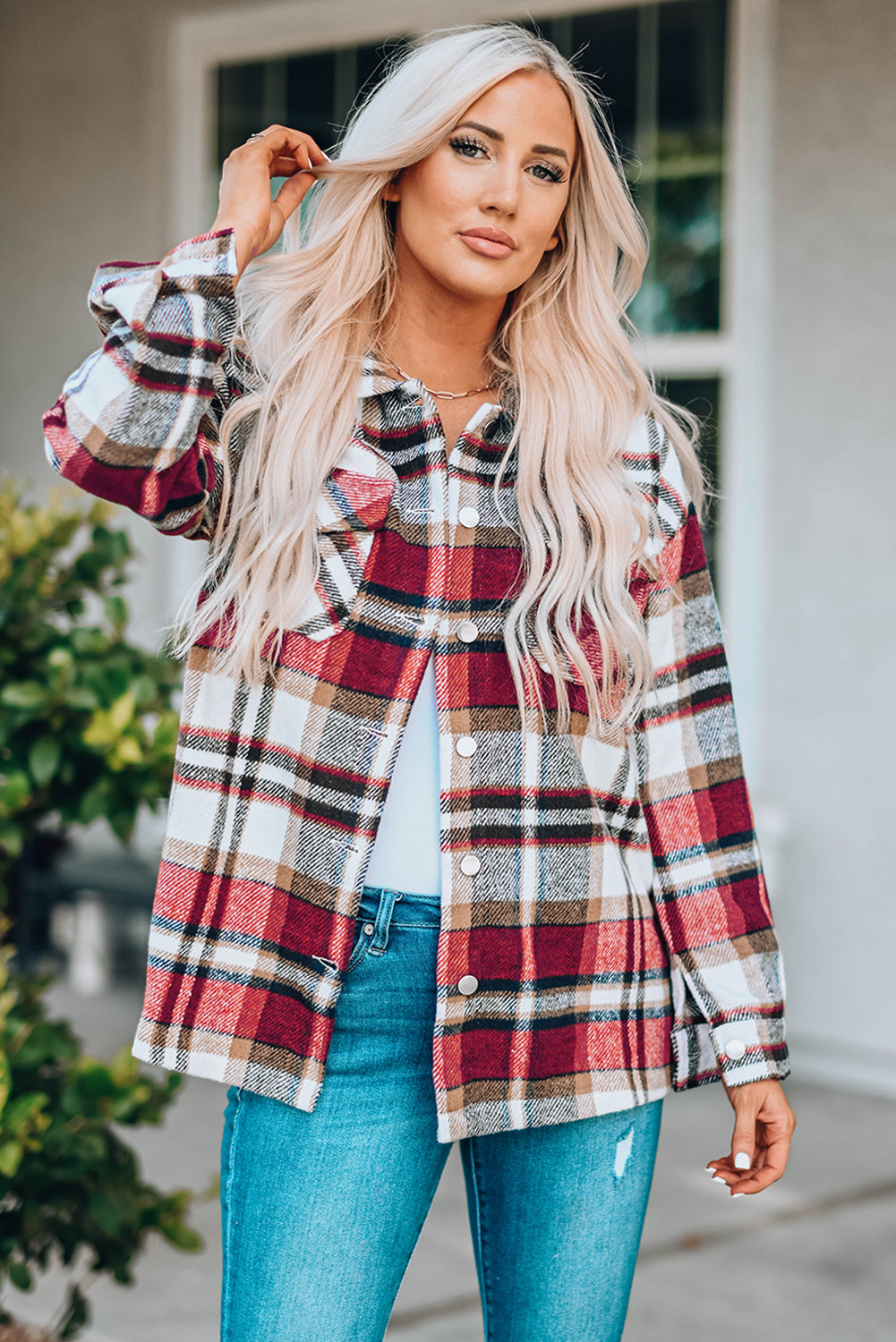 Plaid Button Front Shirt Jacket with Breast Pockets STYLE SOURCE