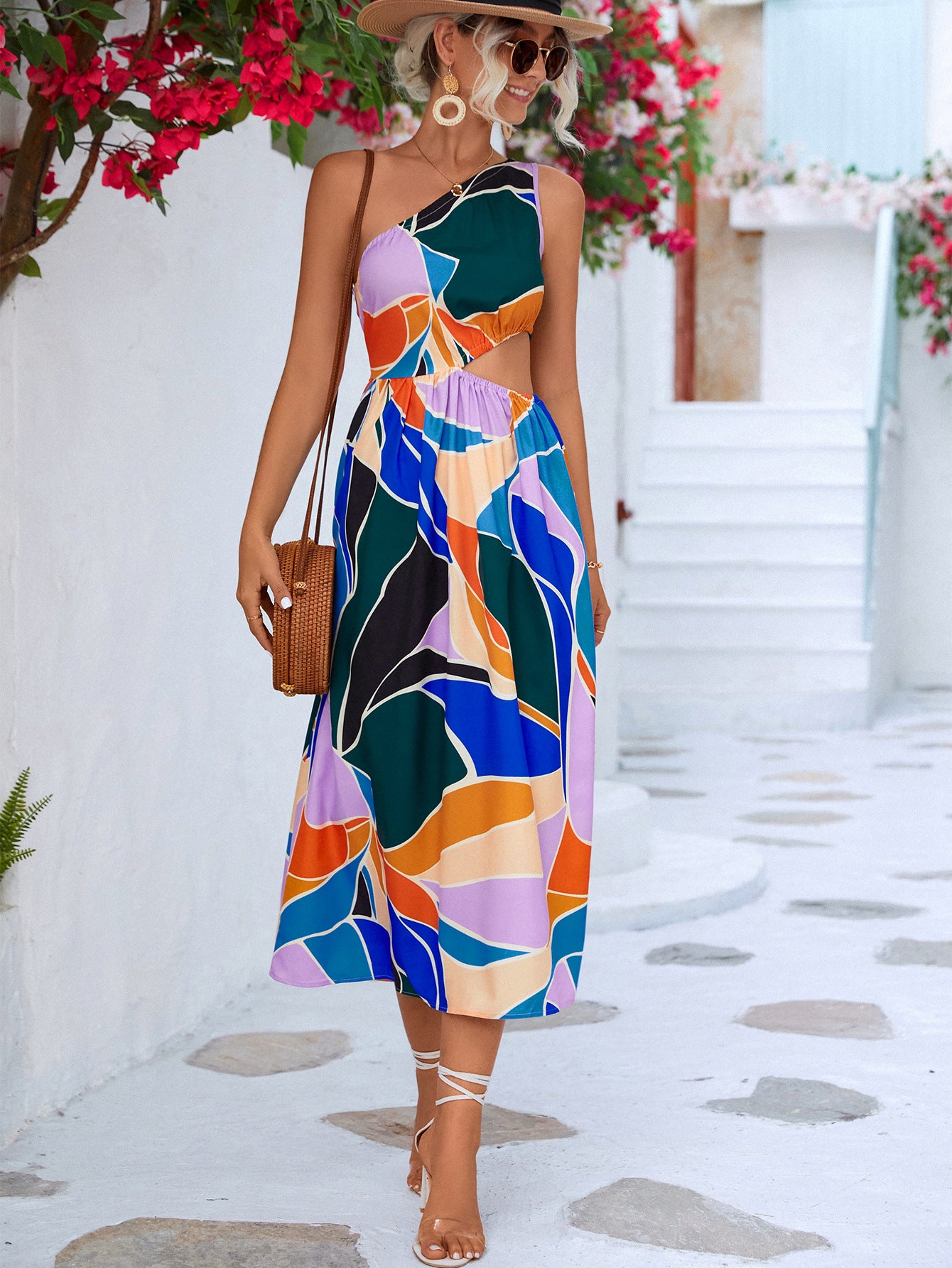Printed Cutout One-Shoulder Sleeveless Dress STYLE SOURCE