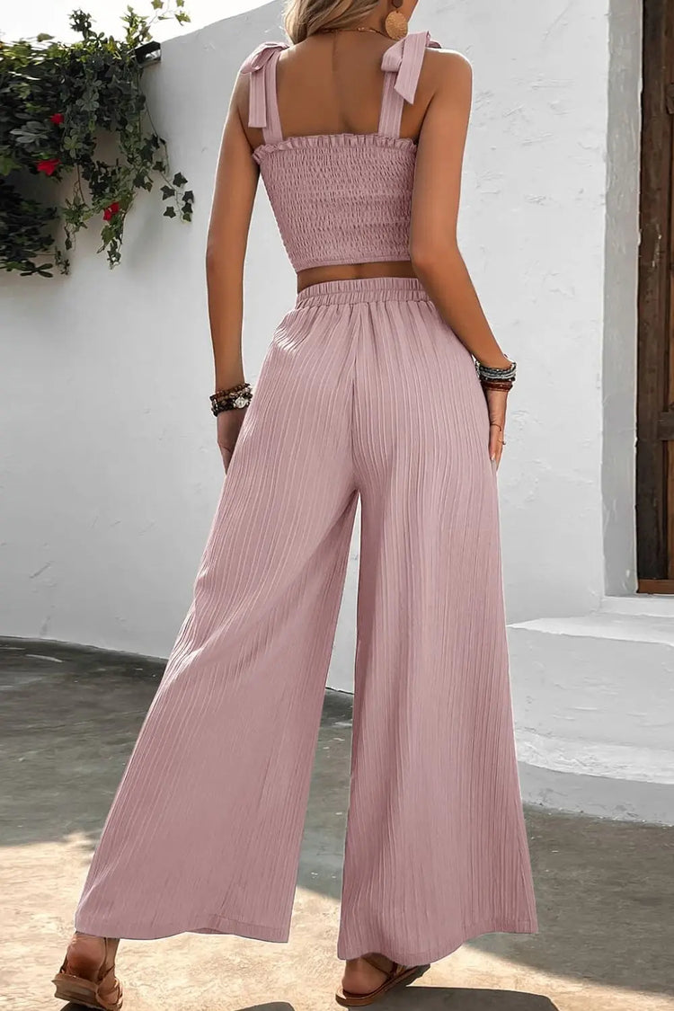 Tie Shoulder Smocked Crop Top and Wide Leg Pants Set STYLE SOURCE