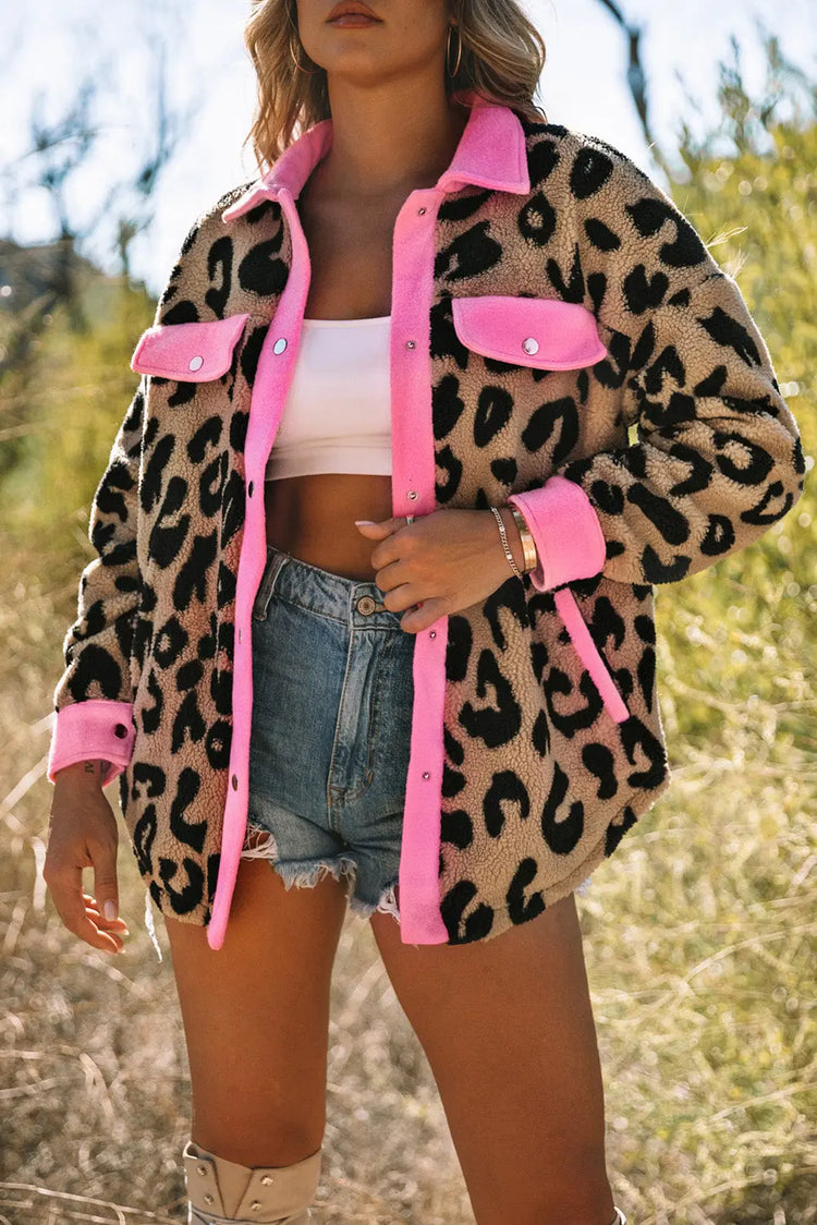 Leopard Contrast Teddy Shacket with Pockets STYLE SOURCE