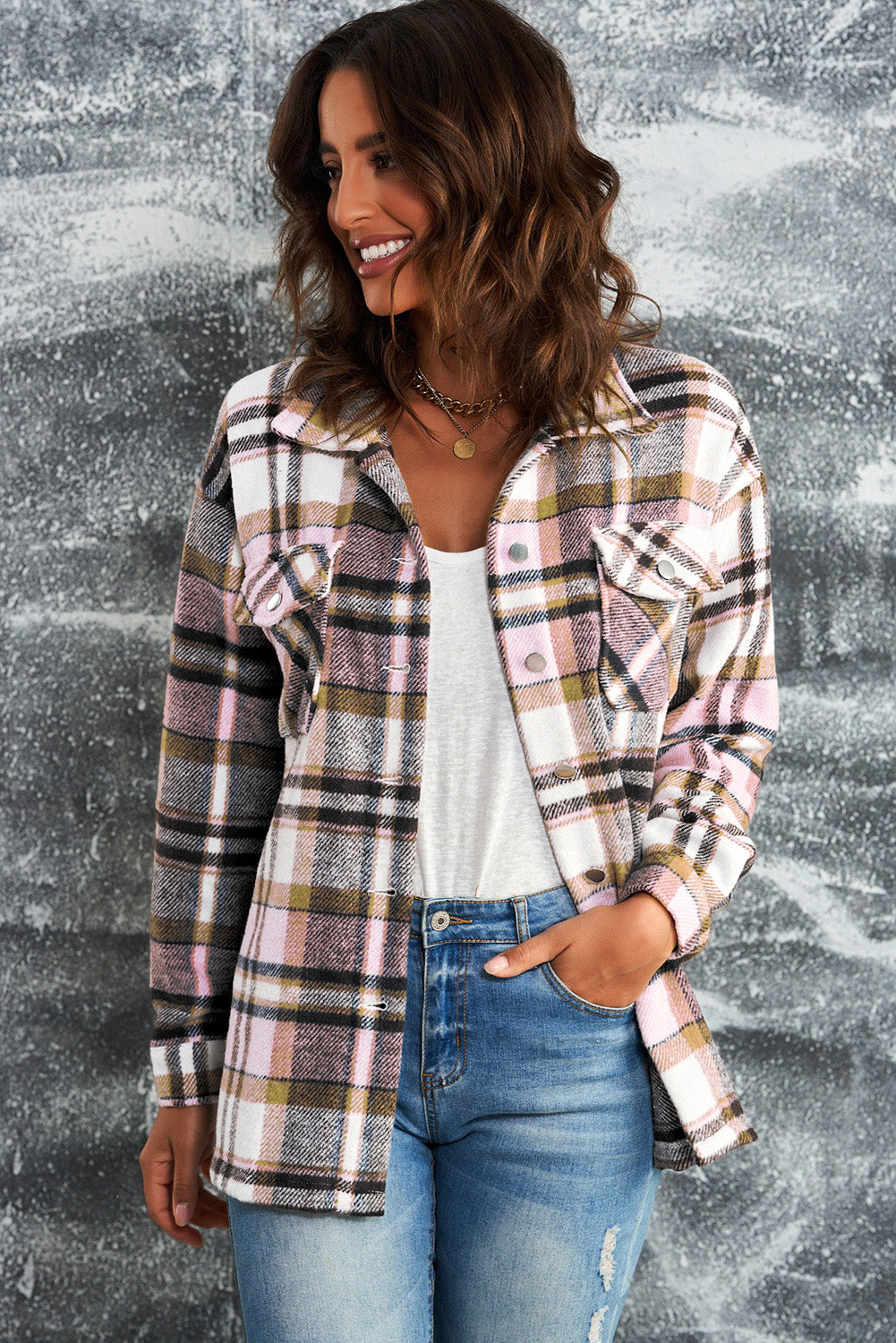 Plaid Button Front Shirt Jacket with Breast Pockets STYLE SOURCE