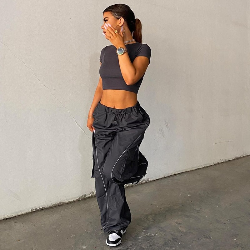 Windbreaker Track Pants Sporty Baggy Low Waisted Trousers Cargo Pants for Women STYLE SOURCE