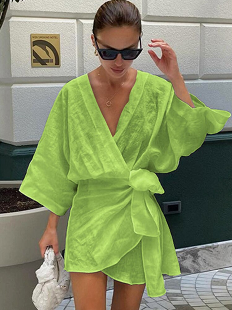 Summer Dress 2023 Fashion Hot Pink Loose Casual Breathable V-Neck Above Knee Length Dresses Women Cotton Linen Beach Dress STYLE SOURCE