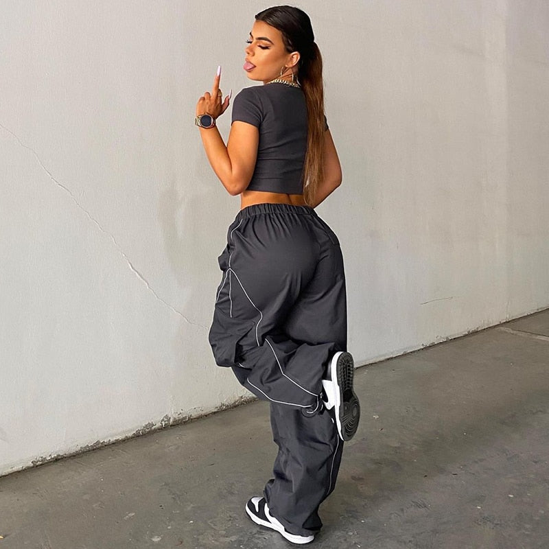 Windbreaker Track Pants Sporty Baggy Low Waisted Trousers Cargo Pants for Women STYLE SOURCE