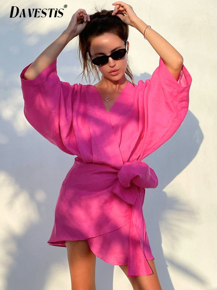 Summer Dress 2023 Fashion Hot Pink Loose Casual Breathable V-Neck Above Knee Length Dresses Women Cotton Linen Beach Dress STYLE SOURCE