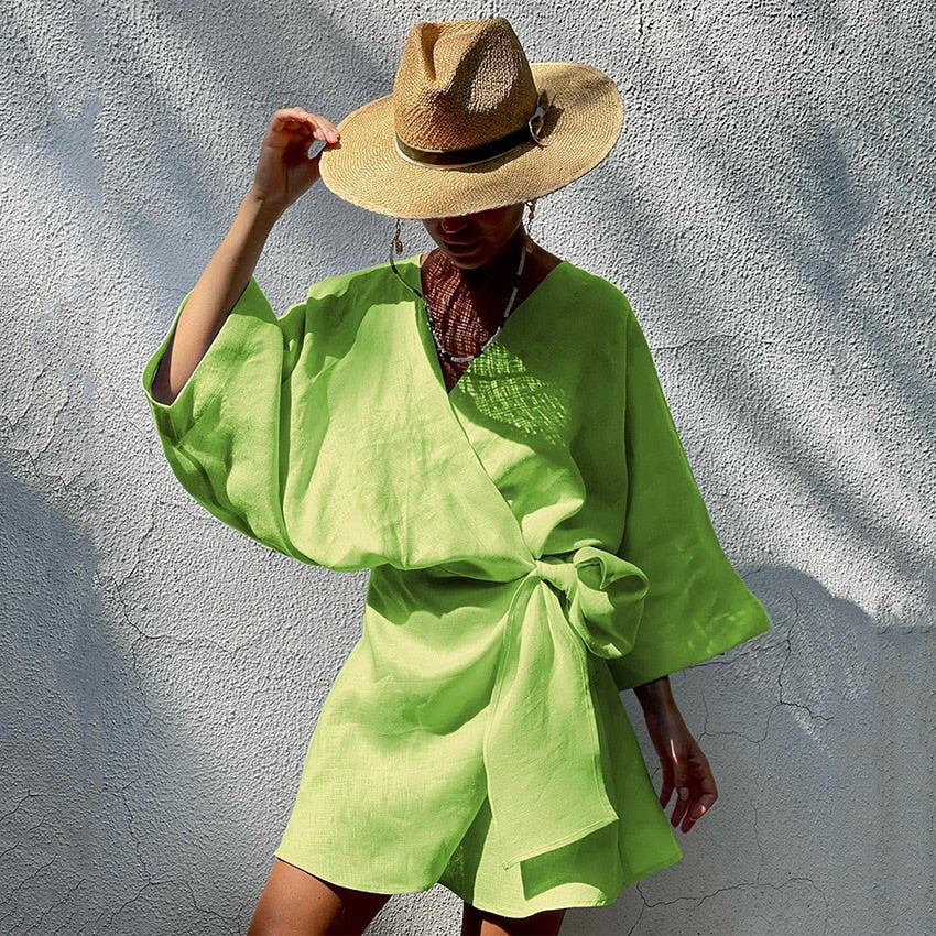 Summer Dress 2023 Fashion Hot Pink Loose Casual Breathable V-Neck Above Knee Length Dresses Women Cotton Linen Beach Dress STYLE SOURCE