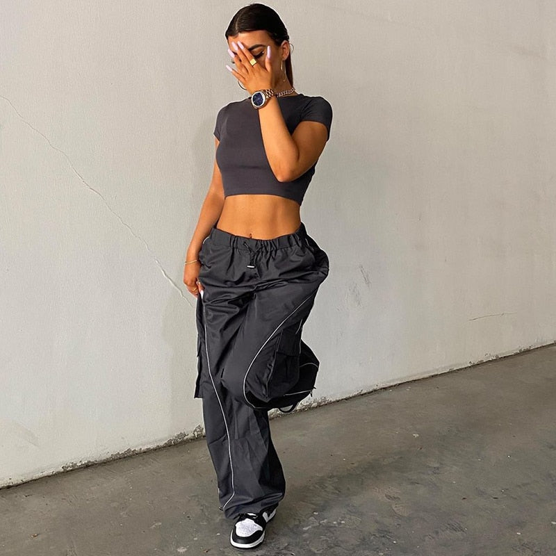 Windbreaker Track Pants Sporty Baggy Low Waisted Trousers Cargo Pants for Women STYLE SOURCE