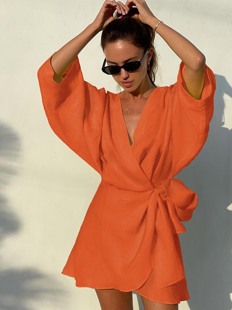 Summer Dress 2023 Fashion Hot Pink Loose Casual Breathable V-Neck Above Knee Length Dresses Women Cotton Linen Beach Dress STYLE SOURCE