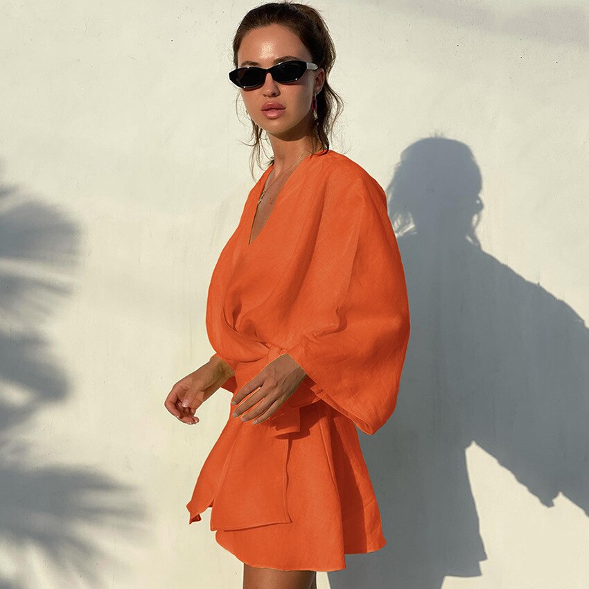 Summer Dress 2023 Fashion Hot Pink Loose Casual Breathable V-Neck Above Knee Length Dresses Women Cotton Linen Beach Dress STYLE SOURCE