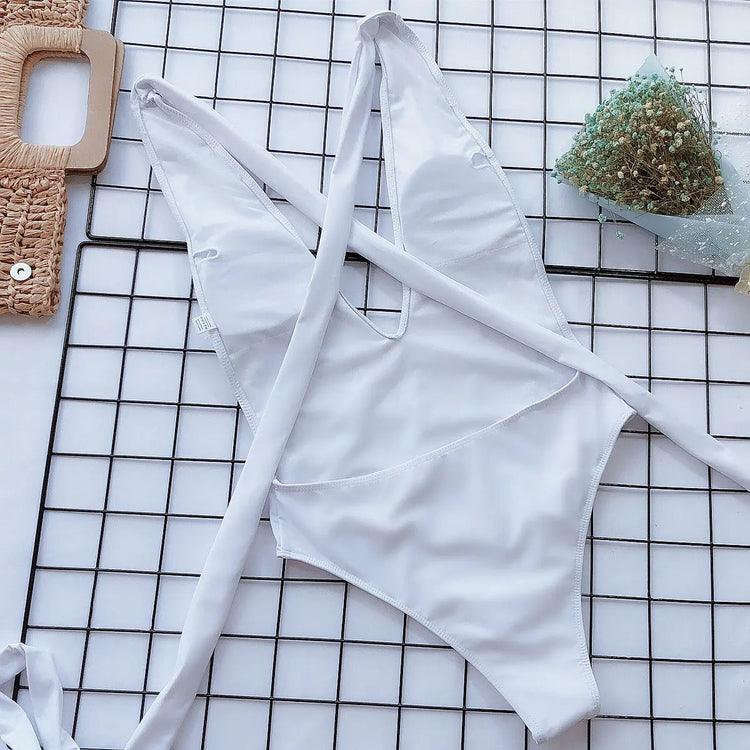 Halter Neck Deep V Tied One-Piece Swimsuit STYLE SOURCE