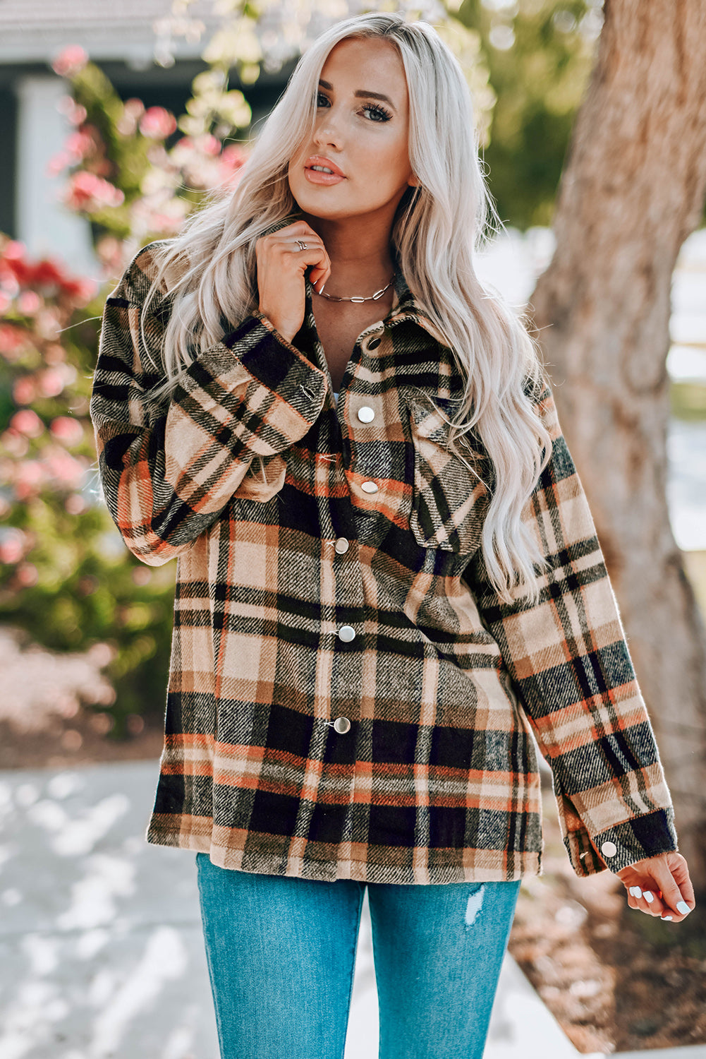 Plaid Button Front Shirt Jacket with Breast Pockets STYLE SOURCE