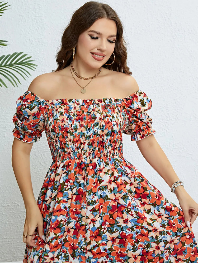 Plus Size Floral Smocked Square Neck Dress STYLE SOURCE