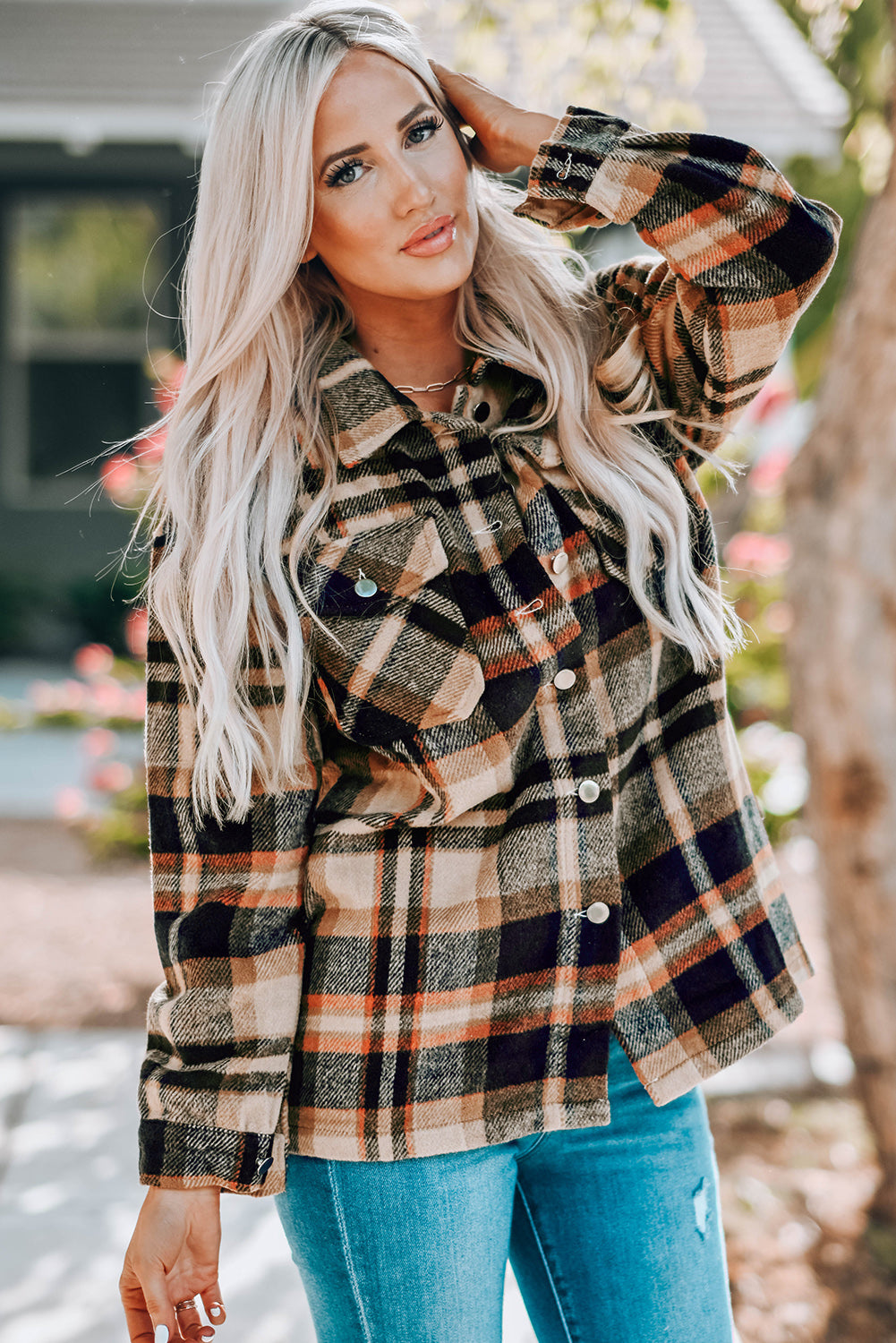 Plaid Button Front Shirt Jacket with Breast Pockets STYLE SOURCE