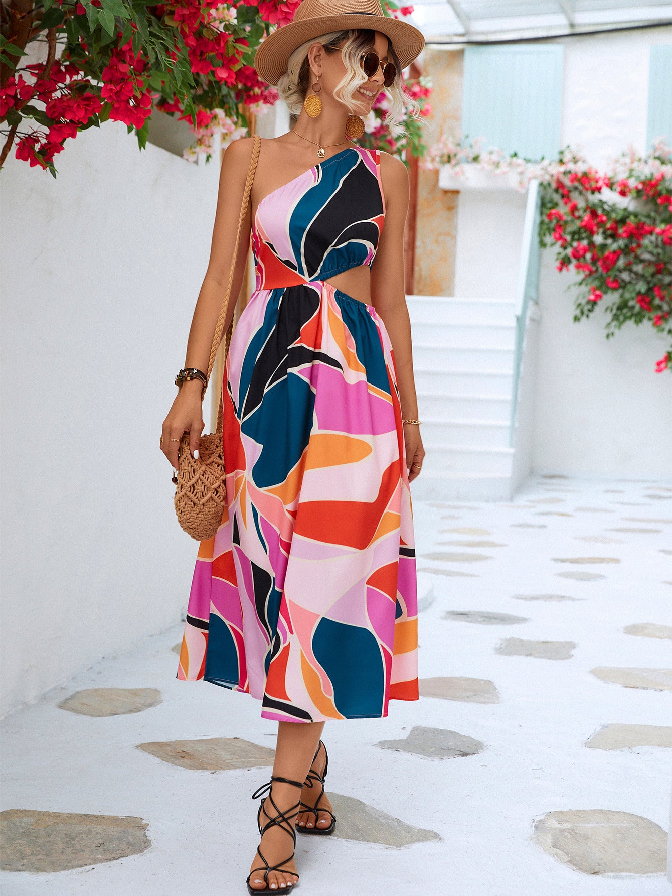Printed Cutout One-Shoulder Sleeveless Dress STYLE SOURCE
