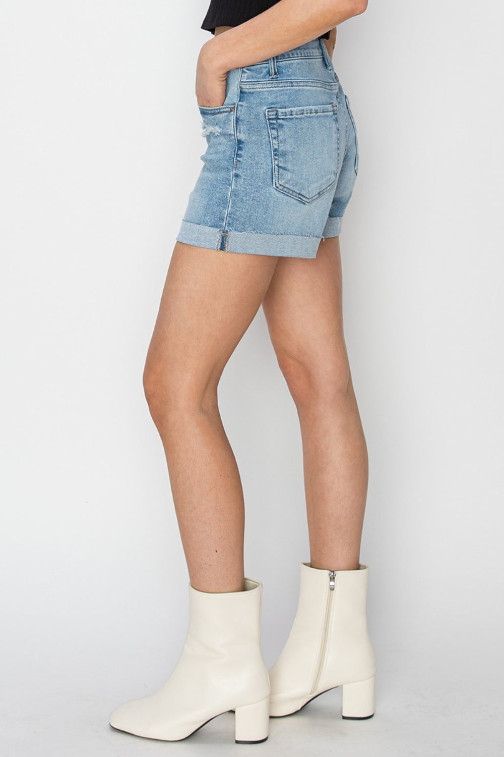 RISEN Distressed Mid-Rise Waist Denim Shorts STYLE SOURCE