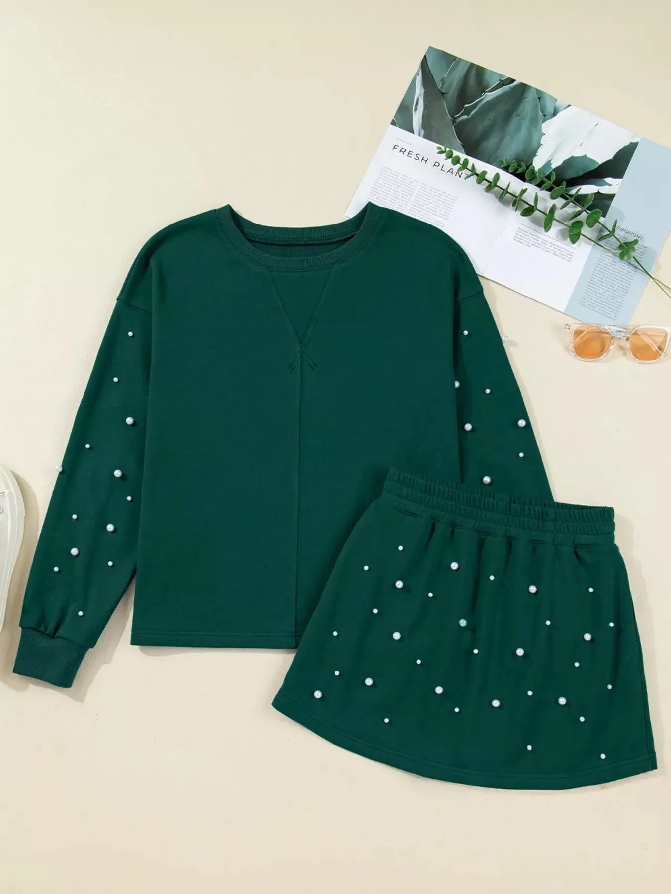 Pearl Embellished Drop Shoulder Pullover Elastic Waist Mini Skirt Set STYLE SOURCE