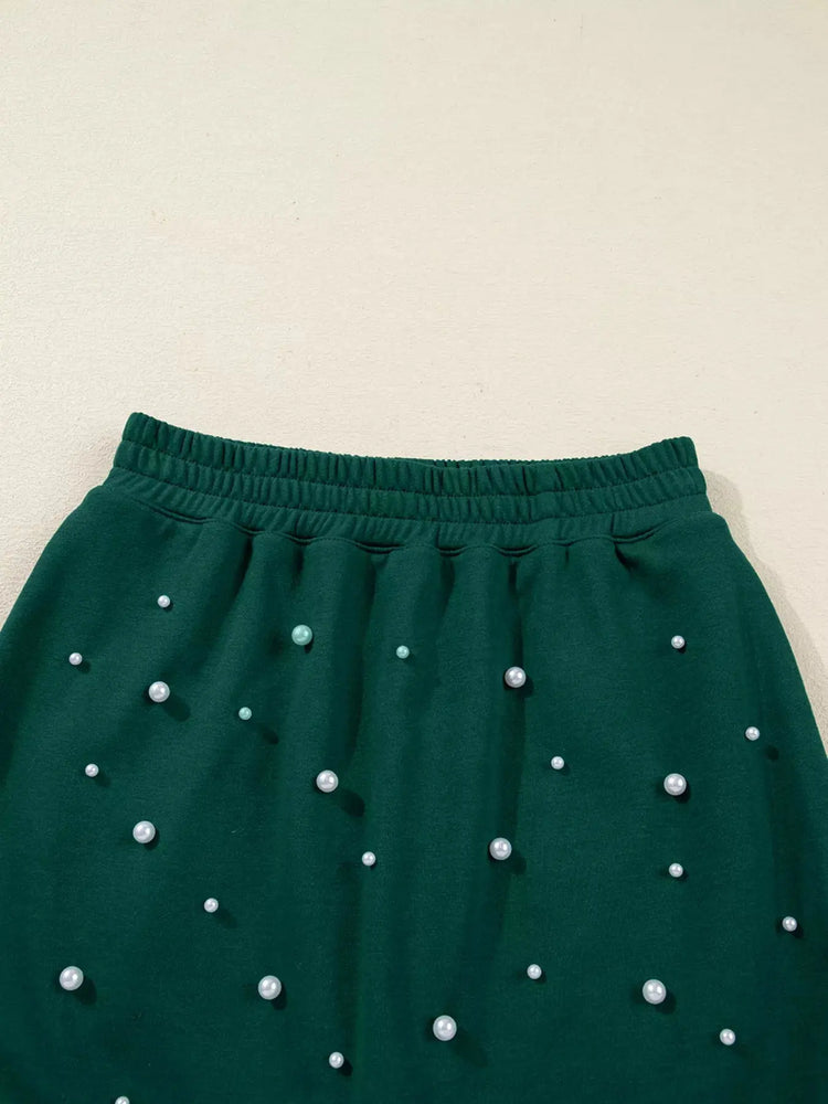 Pearl Embellished Drop Shoulder Pullover Elastic Waist Mini Skirt Set STYLE SOURCE