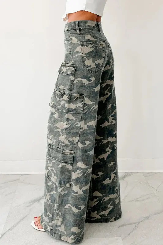 Camo Denim Cargo Wide Leg Pants STYLE SOURCE