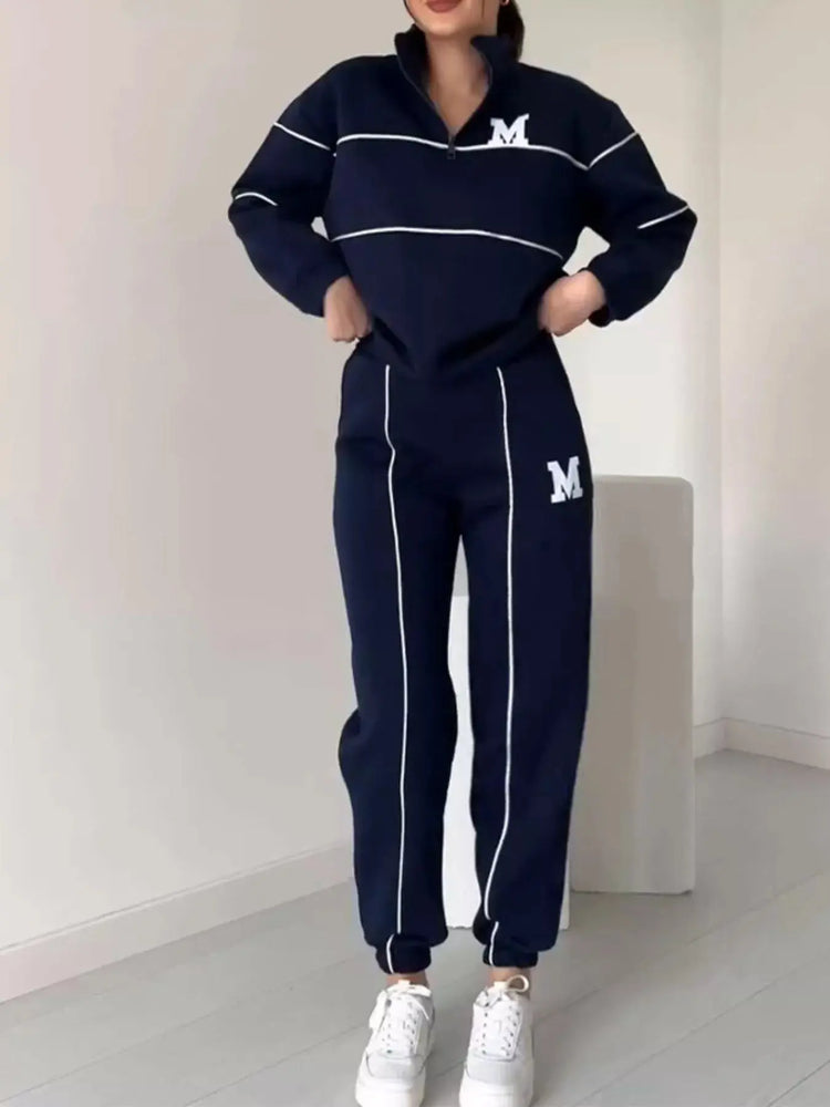 Full Size Striped Quarter Zip Top and Pants Set Plus Size STYLE SOURCE