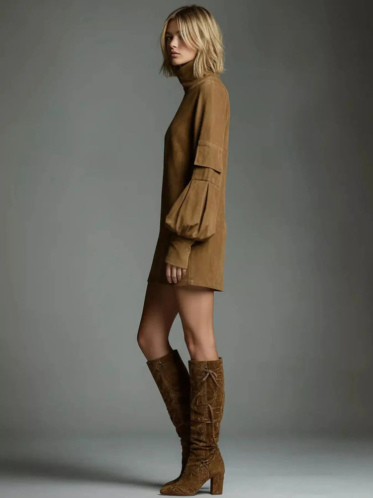 Full Size Suede Turtleneck Lantern Sleeve Mini Dress Plus Size STYLE SOURCE