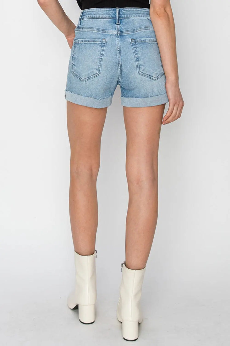 RISEN Distressed Mid-Rise Waist Denim Shorts STYLE SOURCE