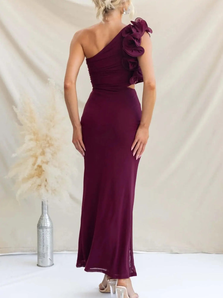 One-Shoulder Floral Trim Sleeveless Maxi Dress STYLE SOURCE