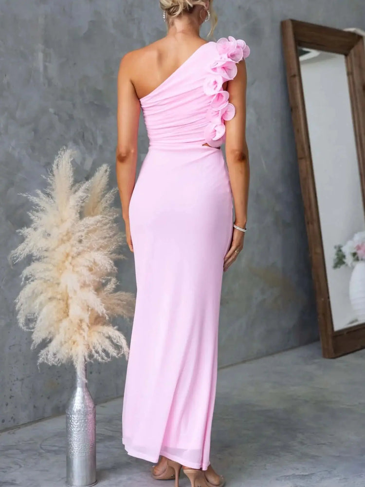 One-Shoulder Floral Trim Sleeveless Maxi Dress STYLE SOURCE