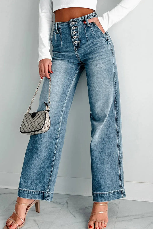 Dusk Blue Multi Button Waist Wash Straight Leg Jeans STYLE SOURCE