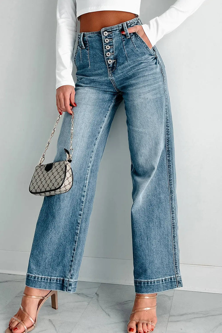 Dusk Blue Multi Button Waist Wash Straight Leg Jeans STYLE SOURCE