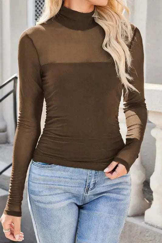 Sheer Mesh Patchwork High Neck Long Sleeve Top STYLE SOURCE