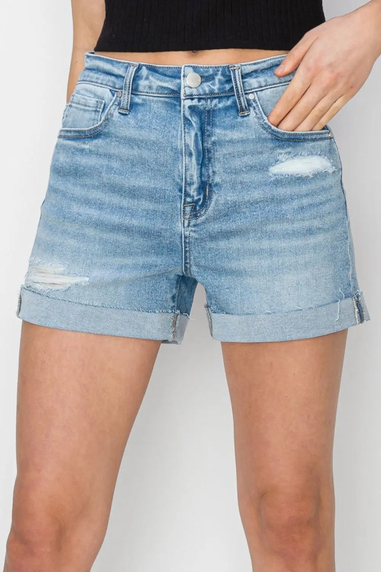 RISEN Distressed Mid-Rise Waist Denim Shorts STYLE SOURCE