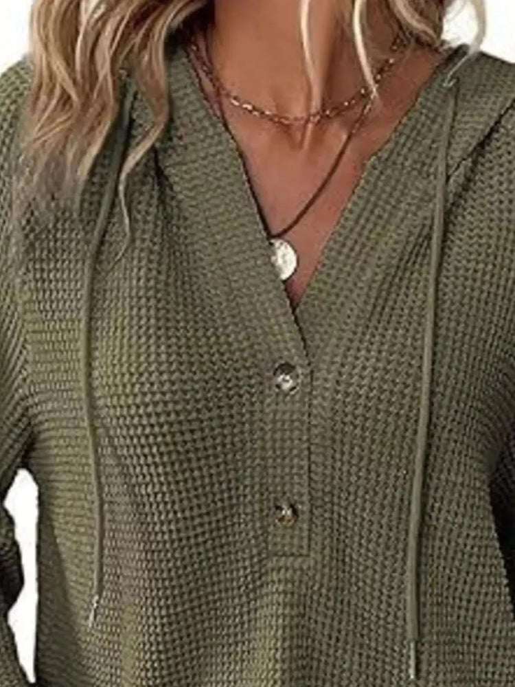 Full Size Button Detail Waffle Knit Hoodie Plus Size STYLE SOURCE