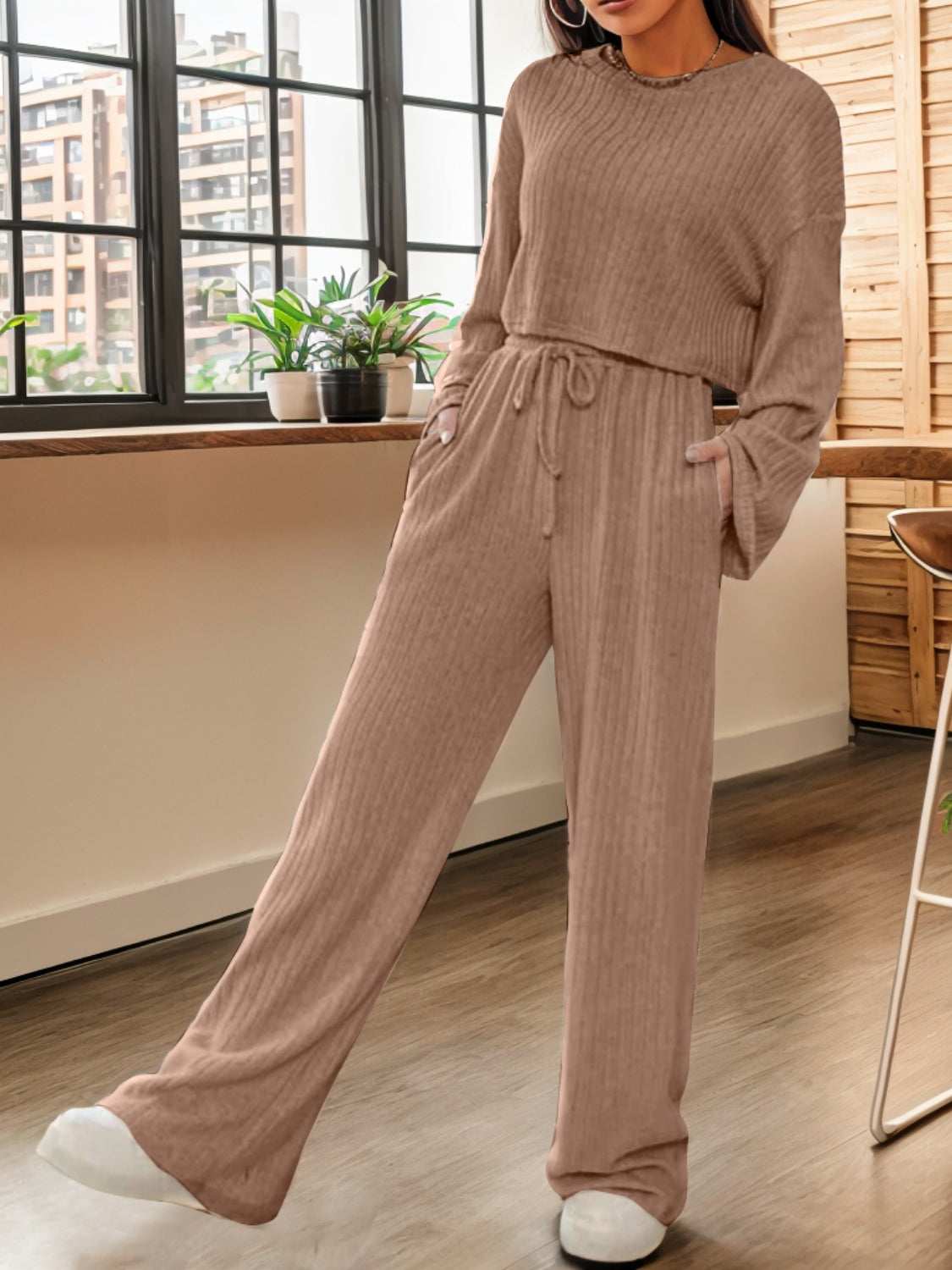 Ribbed Round Neck Top and Drawstring Pants Set STYLE SOURCE