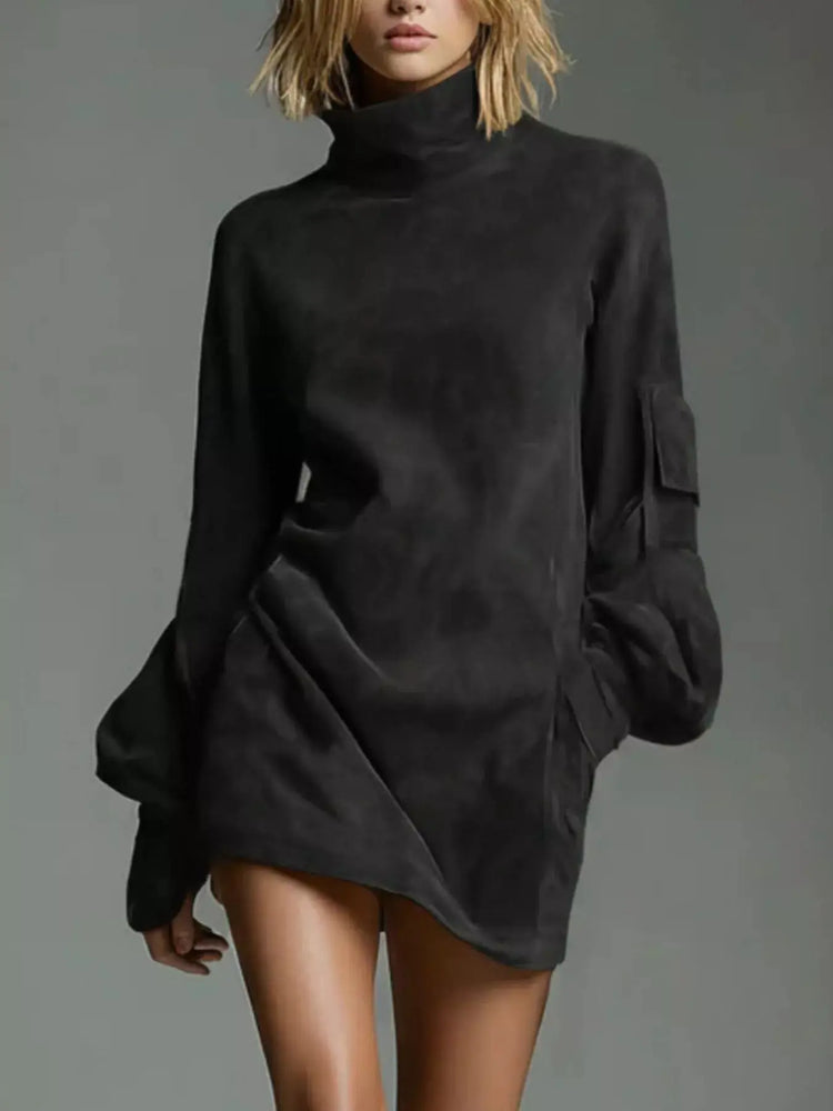 Full Size Suede Turtleneck Lantern Sleeve Mini Dress Plus Size STYLE SOURCE