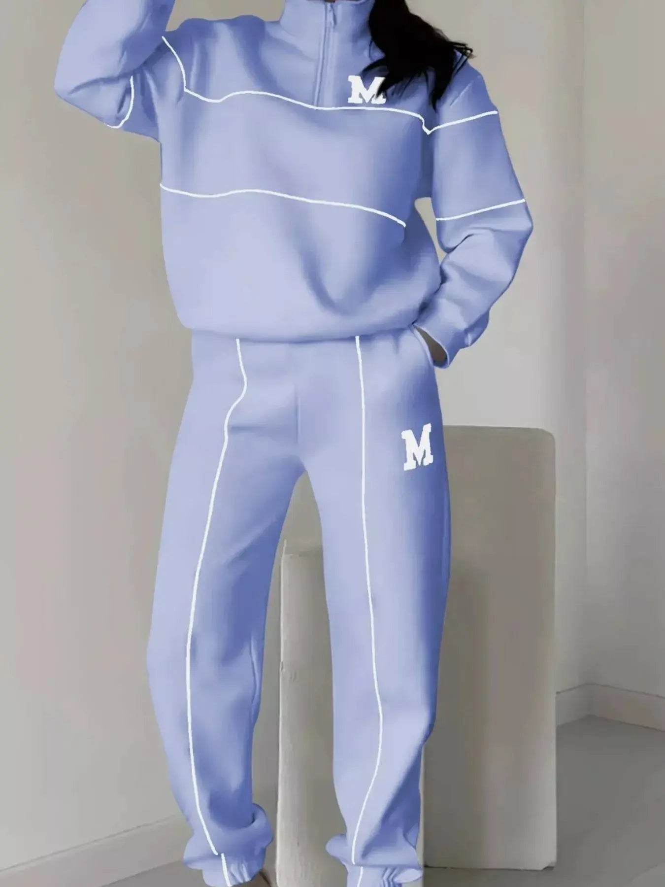 Full Size Striped Quarter Zip Top and Pants Set Plus Size STYLE SOURCE