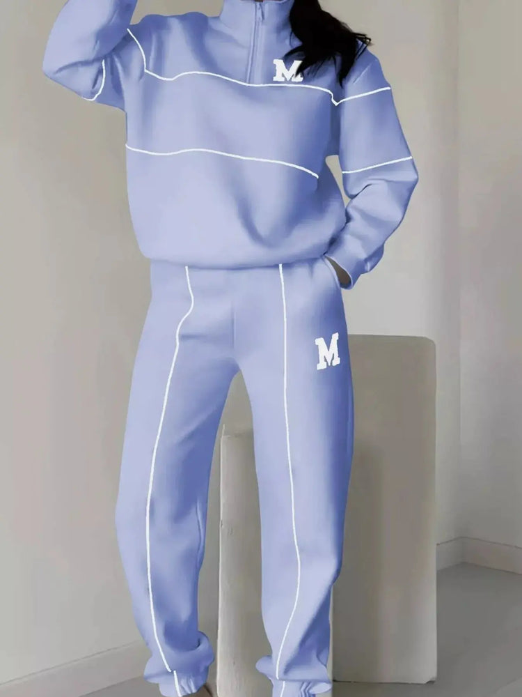 Full Size Striped Quarter Zip Top and Pants Set Plus Size STYLE SOURCE