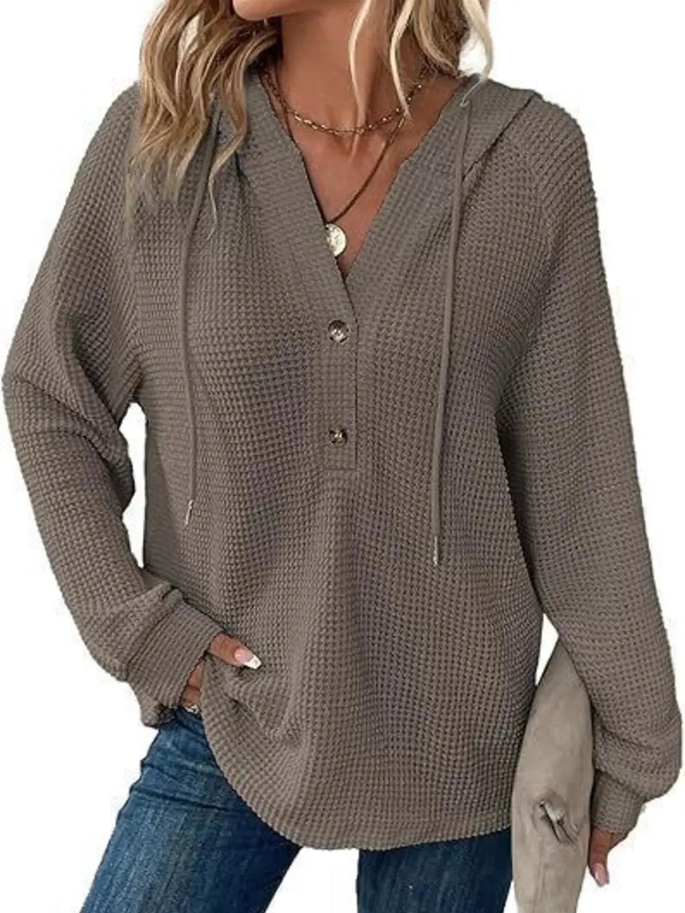 Full Size Button Detail Waffle Knit Hoodie Plus Size STYLE SOURCE