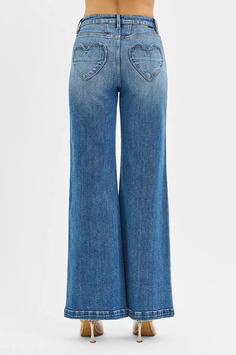 RISEN High Rise Wide Leg Jenas with Front Yoke and Heart Back Pocket STYLE SOURCE