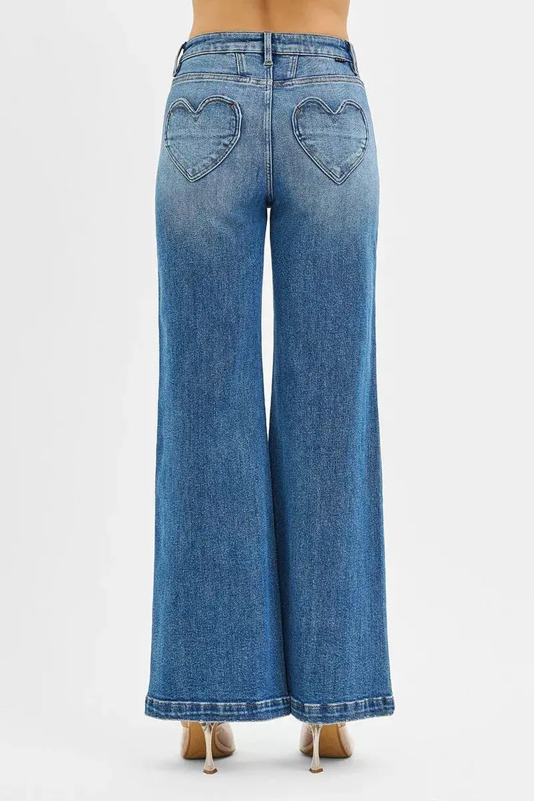 RISEN High Rise Wide Leg Jenas with Front Yoke and Heart Back Pocket STYLE SOURCE