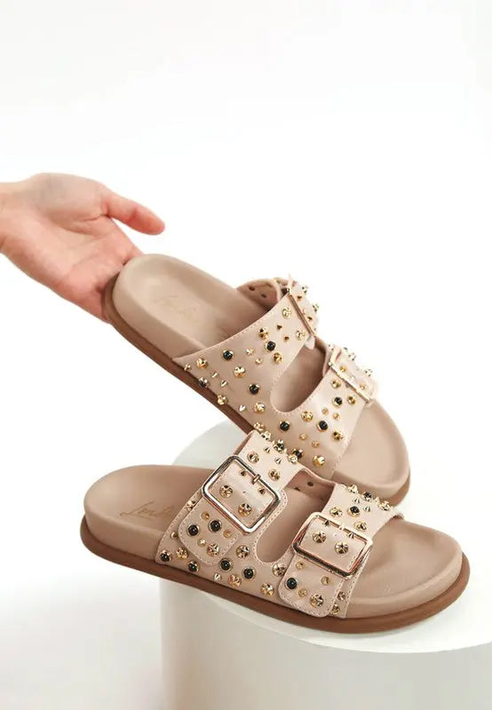 Jayata Metallic Stud Embellished Sliders STYLE SOURCE