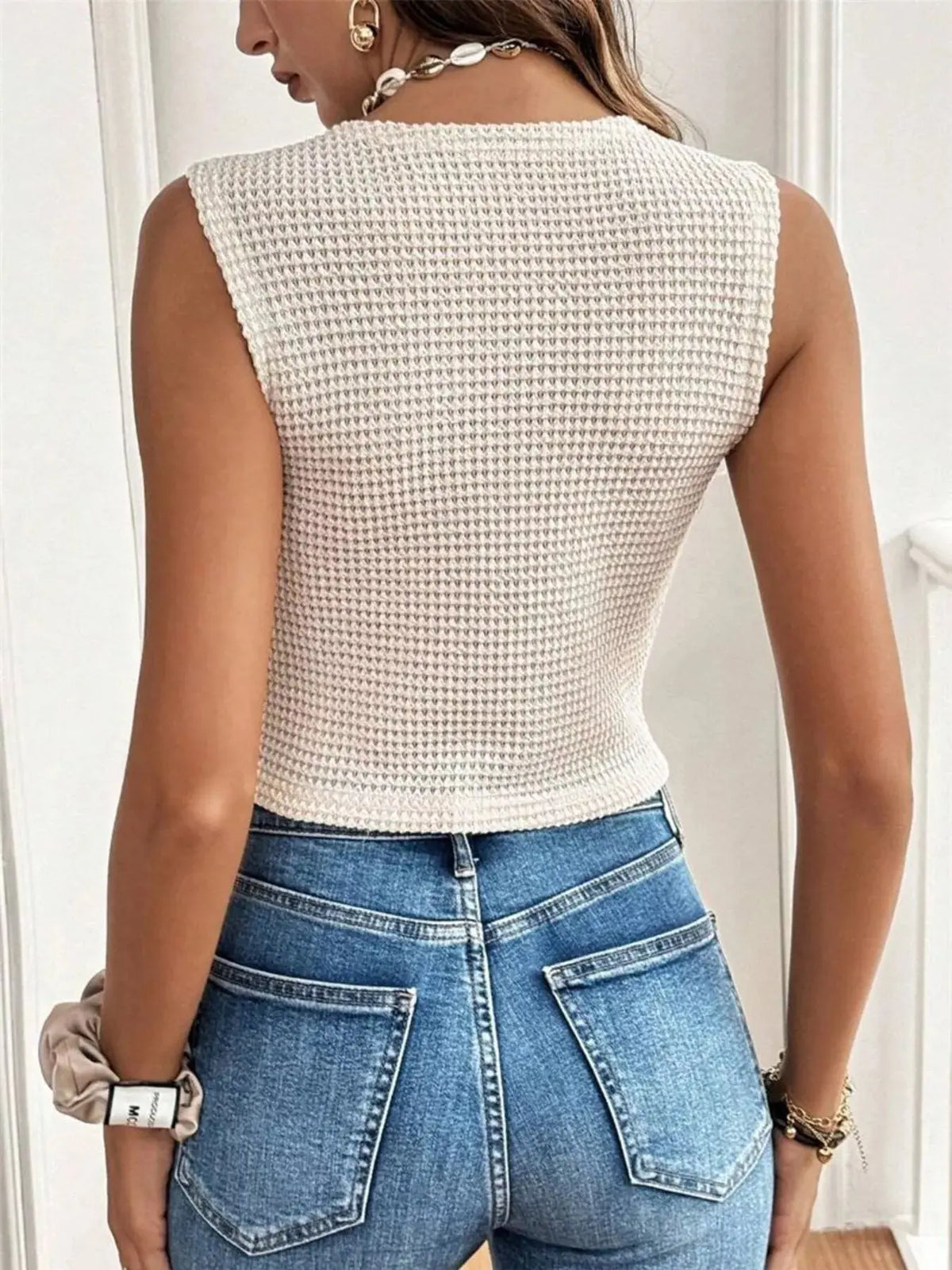 Textured Button-Front Sleeveless Vest Top STYLE SOURCE